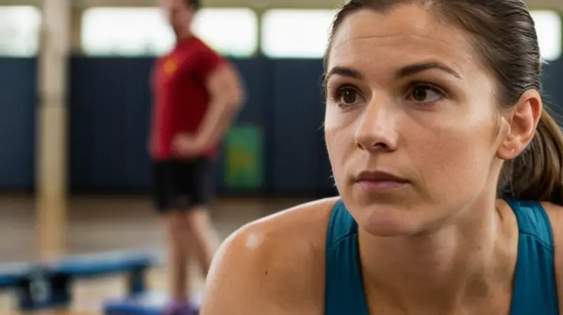 Sara Hall se encuentra en una gimnasio iluminada, con expresión determinada y rostro cargado de un intenso entrenamiento