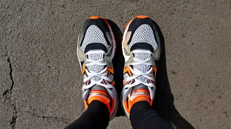 Una rodada de asfalto desgastada con calzado sucio de running (Saucony) al centro