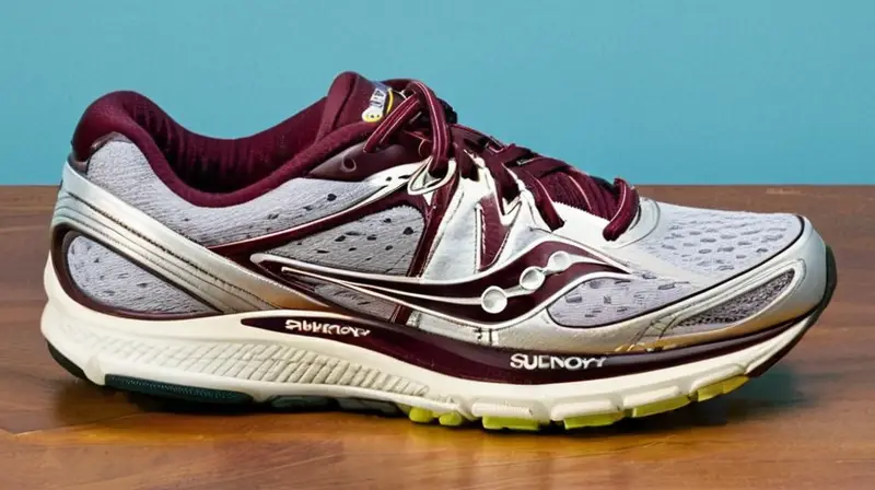 Los zapatos de correr están sobre un suelo plano con las etiquetas del logo Saucony y el solape posterior muestra áreas de uso