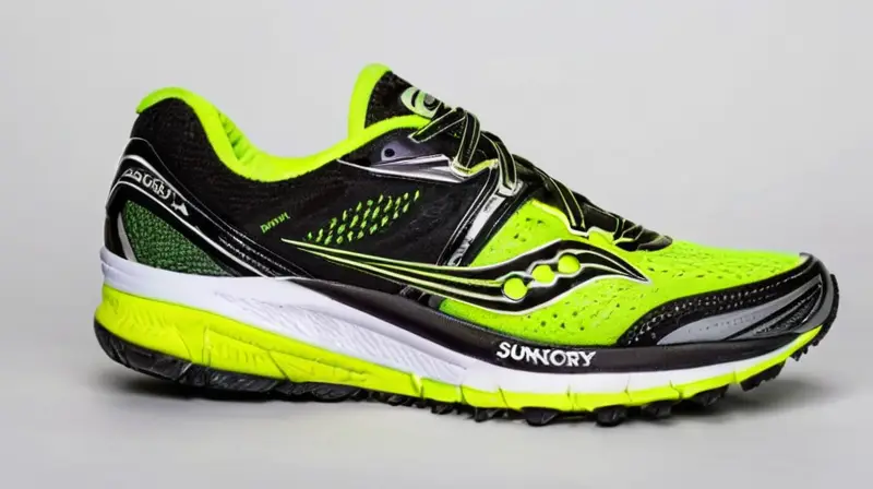 Un Zapato de deporte Saucony negro y verde brillante se destaca sobre un fondo gris claro con una luz cálida