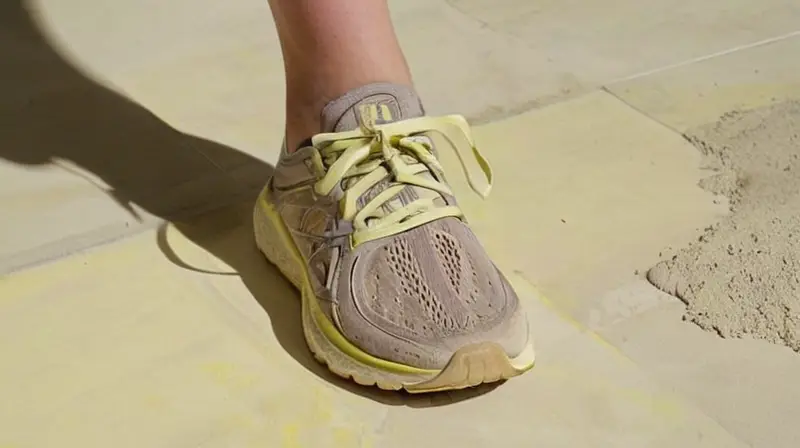 Un zapato de correr desgastado y cubierto de barro se sitúa en un suelo clarito bañado por la luz del sol