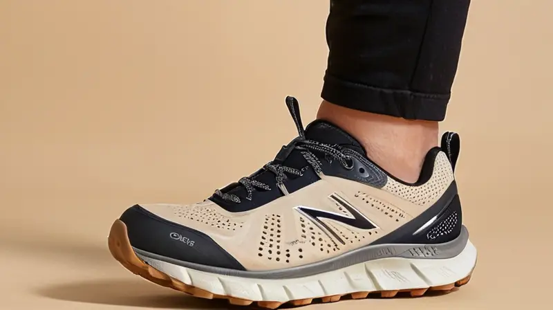 Una par de zapatos modelo Son Peregrine 13 GORE-TEX está expuesto en un fondo beige, destacando los detalles de su tejido y reflejando débilmente la iluminación suave que lo envuelve