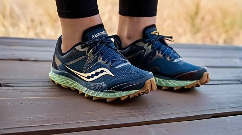 Las zapatillas de senderismo Saucony Peregrine 13 están colocadas en un plano de madera clavos con sombras sutiles que realzan el detalle de la textura de sus materiales