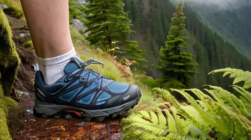 Un corredor descalzo con zapatos de senderismo por un sendero empedrado en una montaña con suelo lluvioso y árboles circundantes