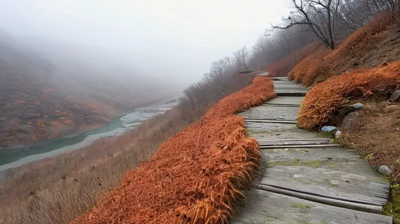 La escena describe un terreno montañoso con suaves nubes grises y la imagen de zapatos de senderismo en una roca plana