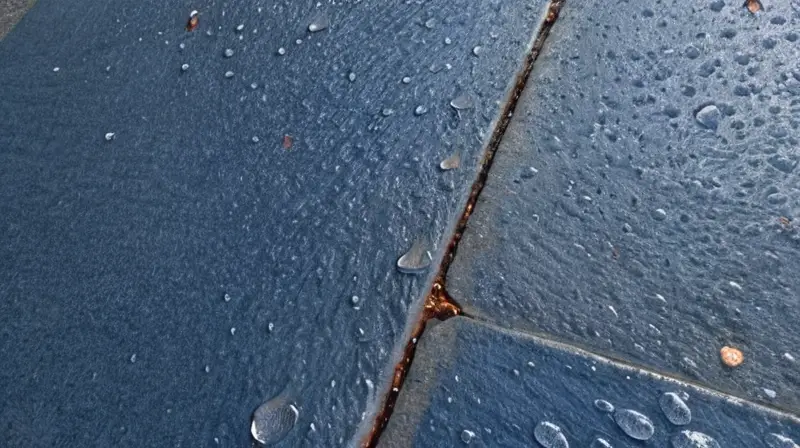 Un capote de color azul navy colgando sobre una superficie con manchas de óxido se refleja perfectamente en una charca con ligeras ondas