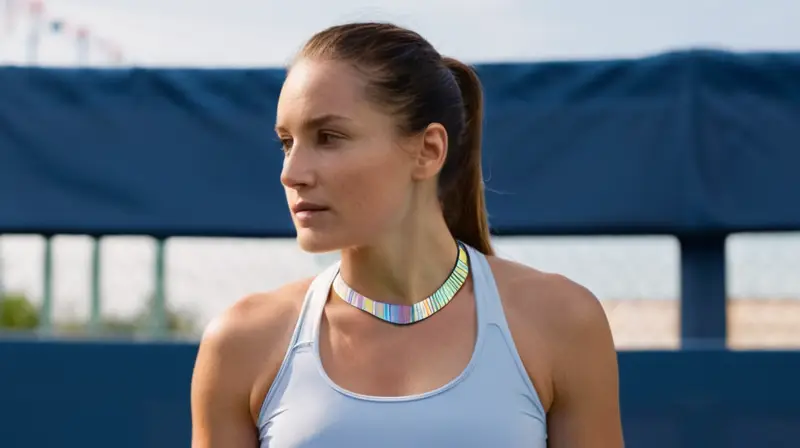 Una mujer atlética juega tenis vistiendo una elegante collar de placas reflectantes que destaca su esbeltez y físico tonificado bajo una luz tenue y natural