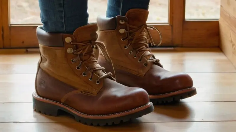 Un par de zapatos de senderismo descansan en el suelo, rodeados por una caja con tiras de tela para variar según el clima