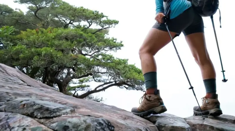 Un escalador se detiene en una zona rocosa, sudando y mirando sus pies con la ayuda de poleas de trekking