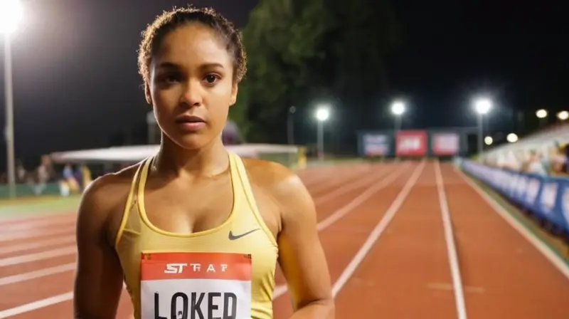 Una joven atleta, Sharon Lokedi, se muestra confiada y determinada en la pista de atletismo, con su cuerpo sudoroso envuelto por una camiseta amarilla brillante bajo las luces