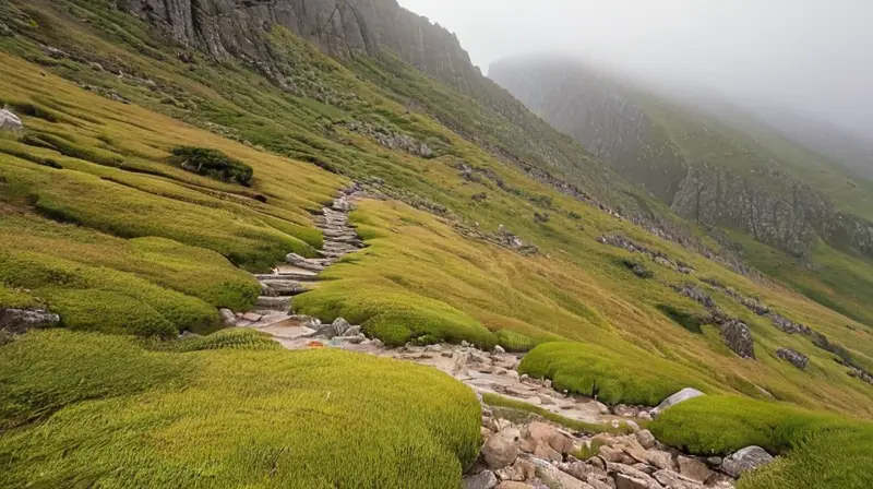 La costa montañosa se extiende con una fachada de granito áspero y rodeada de vegetación verde en un paisaje majestuoso