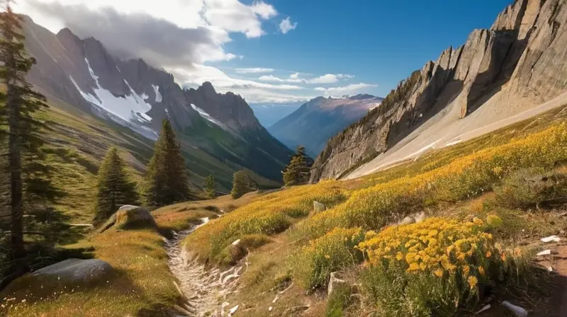 El sendero montañoso cuenta con un relieve accidentado y paisajes naturales impresionantes bajo una luz cálida del atardecer