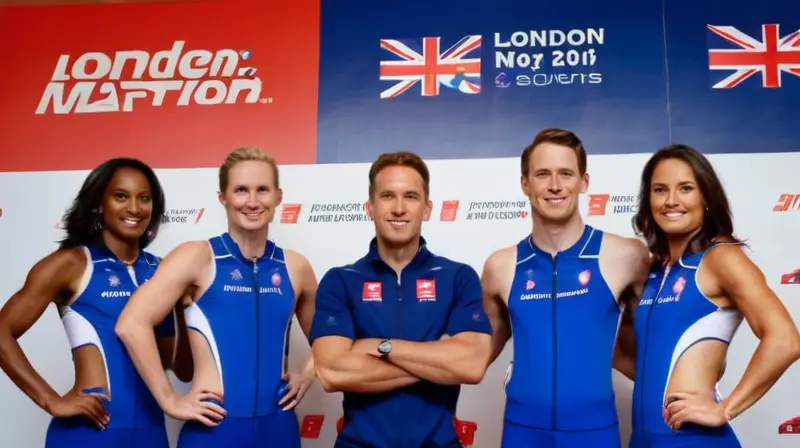 Un grupo de expertos atléticos se colocan en posición frente a un fondo del límite final de la maratón de Londres