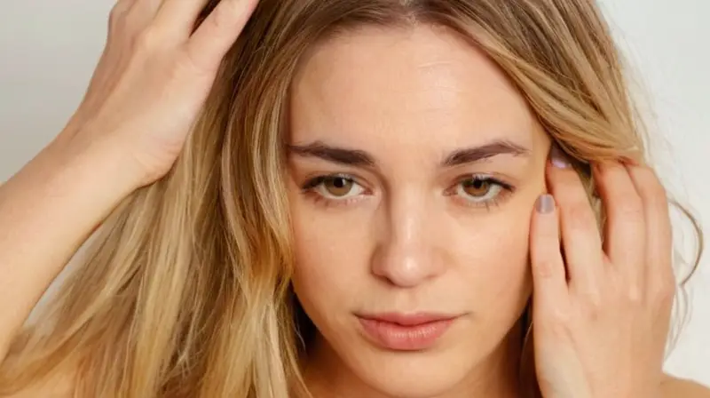 La mujer tiene un rostro cansado y agotado por el envejecimiento, con cabello escaso, manos arrugadas y piel pálida