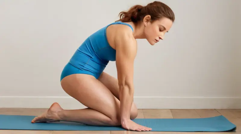 La joven mujer está de pie, con una postura sería vestida con un conjunto azul pastel para yoga