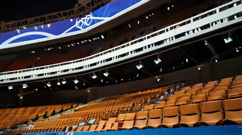 El estadio muestra una armonía de luces tenues y sombras en las caras de personas variadas sentadas en bancos ornamentados