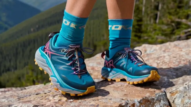 Una senderista calza Hoka Speedgoat 6 GTX en un granito rugoso