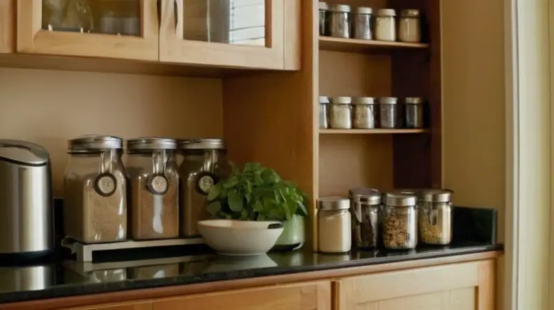 La cocina cuenta con una encimera de granito rodeada por paredes de color madera claro y aparatos de acero inoxidable