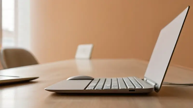 Una persona está sentada frente a un escritorio con una laptop abierta, rodeado de luces suaves y objetos que transmiten calma