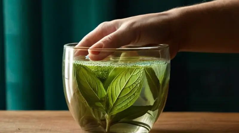 Una mano sostiene un tazón de vidrio con hojas de estevia sobre una mesa cubierta de algodón blanco