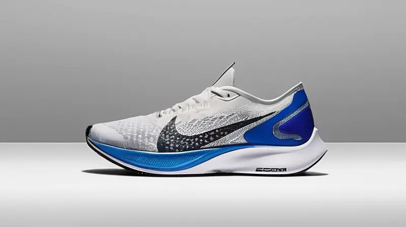 Un zapato deportivo moderno Nike ZoomX Streakfly con detalles reflejos y tejido azul en un fondo gris