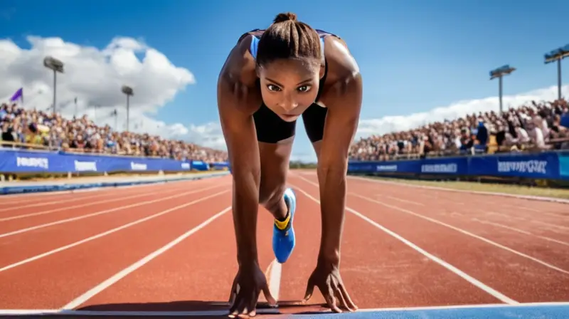 Un atleta de velocidad se alza en el centro del campo de atletismo, reflejado contra un cielo brillante azul