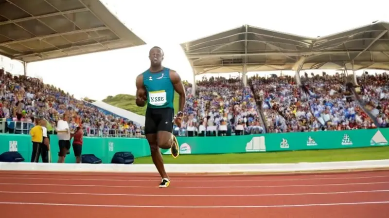 El corredor Usaïn Bolt gana la carrera con una expresión victoriosa en su rostro while otro atleta está de pie al lado, ansioso por ganar