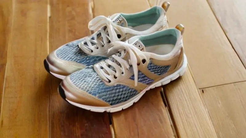 Una zapatilla de correr se encuentra sobre una mesa en el piso madera con detalles como fibras de carbono y moldes reflejando la suavidad de los contornos