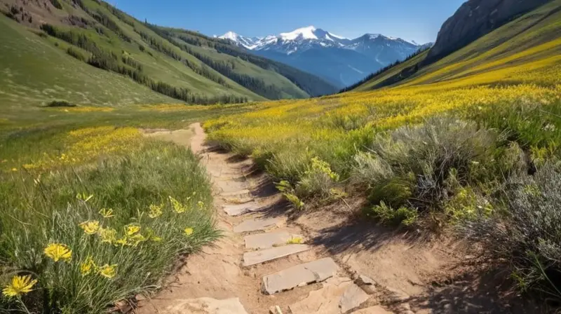 En una escena de paisaje natural, un sendero rústico con flores y arbustos cruza hacia las zapatillas detrás de un follaje denso