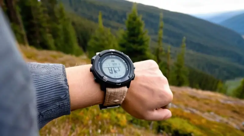 Una persona se encuentra de pie en un paisaje al aire libre iluminado por el sol, vistiendo un reloj Suunto 9 Peak y rodeada de praderas y árboles dispersos