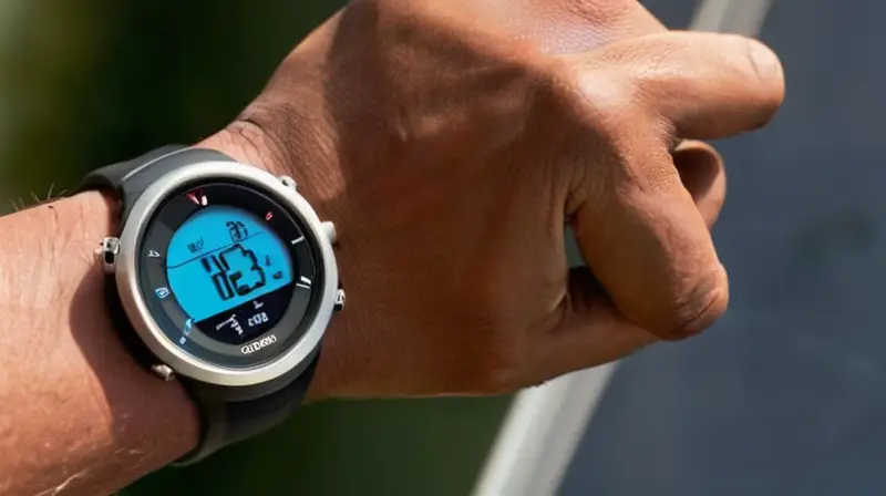 Una mano de un atleta moreno sostiene una Suunto en la penumbra de un gimnasio de entrenamiento deportivo