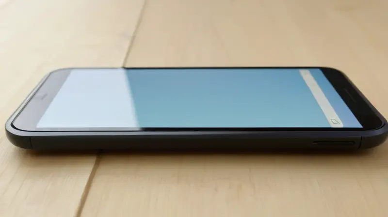 En escena se presenta un smartphone negro lucido rodeado de un escritorio de madera beige y cables ocultos, con una pantalla azul pálido y detalles metálicos finos y precisos