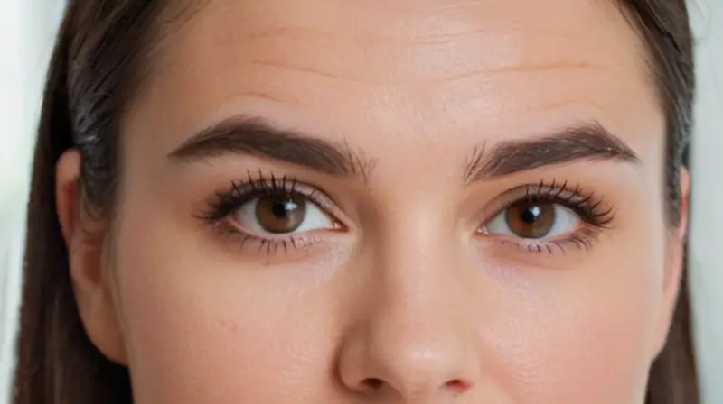 La joven mujer posee una expresión facial neutra con leves arrugas de concentración alrededor de sus ojos en un ambiente iluminado por luz débil