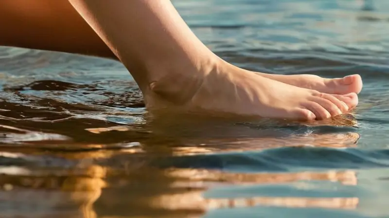 Un nadador con las piernas estiradas en el agua, rodeado de ondas cálidas y suave