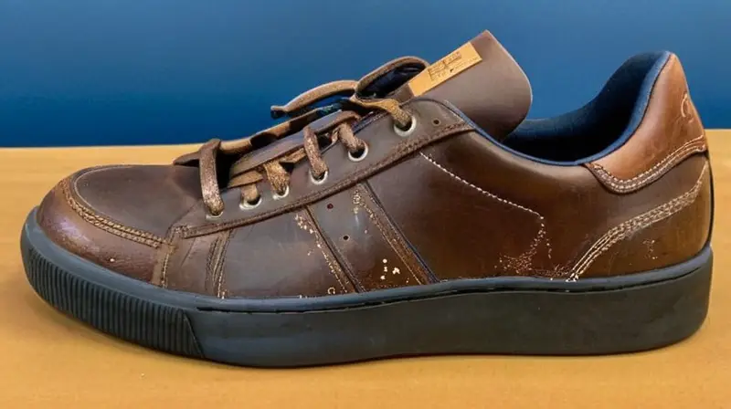 El zapato tiene una textura rugosa de cuero marrón oscuro con detalles como estriadas reflectantes blancas y adornos azules brillantes