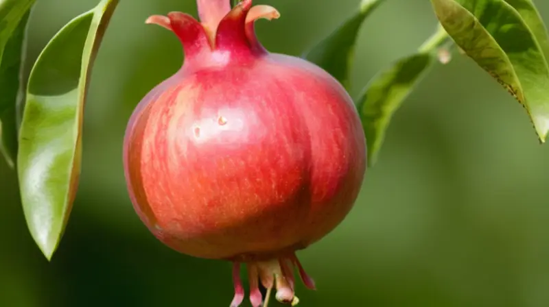 Una pomegranata madura descansa sobre un plato de mármol blanco, rodeada de hojuelas verdes y con una etiqueta antigua en el fondo