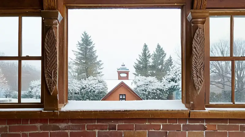 Un vecindario residencial con casas de estilo de los años 40 rodeadas de nieve, exhibiendo colores cálidos y texturas naturales bajo la luz suave del amanecer