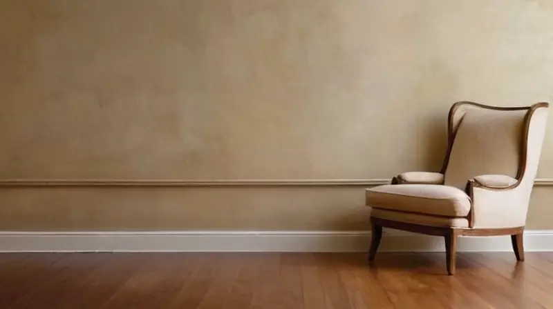 Una pared sucia de color beige con un suelo de madera paralelo interseca al mueble y una silla desgastada de un tono similar