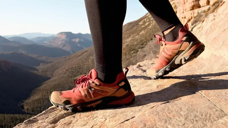 Un corredor con zapatillas de carreras de terracotta camina por un sendero rocoso bañado en luz solar