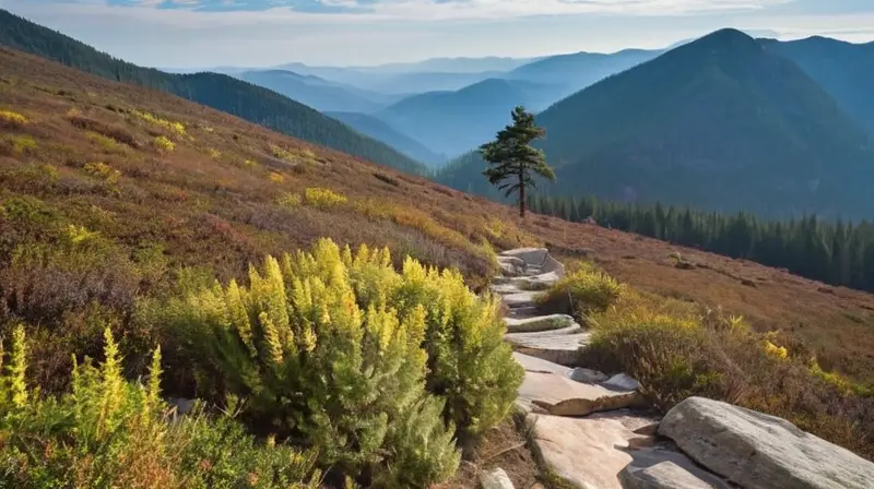 Un hiker viste una mochila de camping con los esenciales mientras camina por un sendero despejado entre rocas y árboles