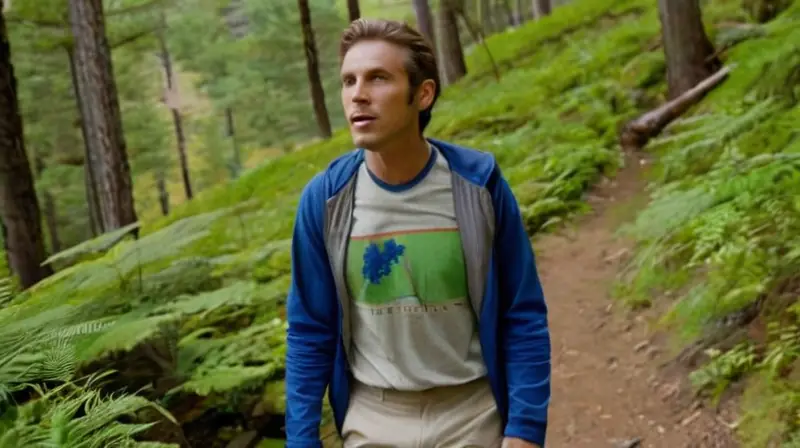 Un hombre camina por un sendero entre rocas rodeado de árboles verdes, vestido con ropa casual y calzado con zapatos de correr