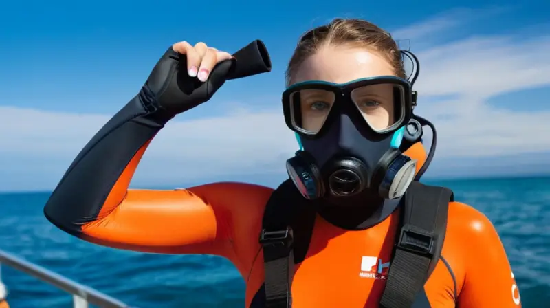 Una joven adulta está frente a un fondo de olas marinas con equipo de buzo visible