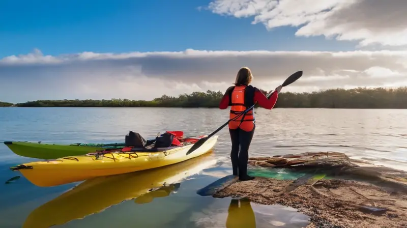 Una joven remadora vestida con equipo de seguridad está en la orilla del agua, preparada para lanzarse a una tranquiliza exploración en kayak