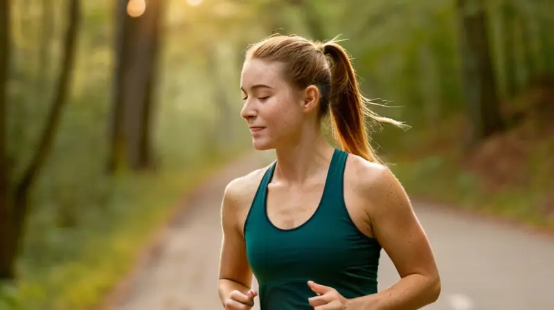 Una mujer joven corre en un sendero de parque durante el atardecer, suaves arrugas y sudor reflejan su empeño por mantener el ritmo