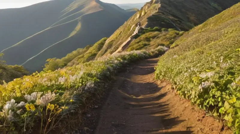 Un runner camina a través de una ruta montañosa borrosa en un fondo matutino suave