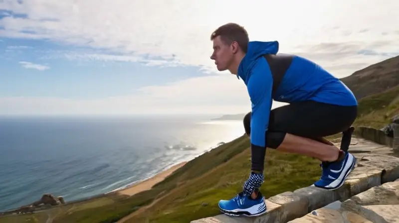 Un joven atleta está parado firme en las escaleras de piedra gallega, con mirada intensa hacia el horizonte