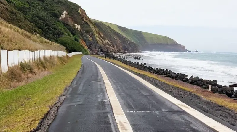 La carretera costera se estira a lo largo de la orilla del este con una curva suave hacia el horizonte