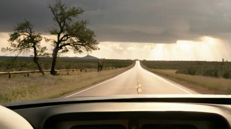 Un GPS Garmin en una mesa de madera clásica con pantalla táctil se ve reflejado por la luz del sol y se combina con detalles realistas de carretera y cielo