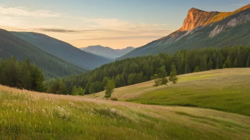 Un valle montañoso se ilumina con la suave luz del amanecer