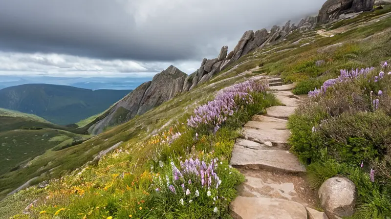 Un sendero escarpado desciende desde una cima granítica hasta un terreno irregular cubierto de flores salvajes y hierbas entre rocas gastadas